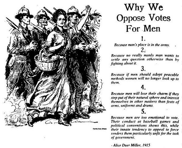 Why we oppose votes for men. Top feminist satire from 1915.