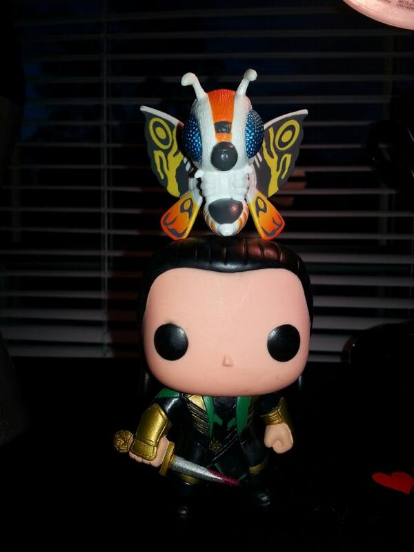 BrideOfBZArcher's tweet photo. #Loki what are you doing wearing #Mothra as a hat? http://t.co/9TfPsDJqYQ