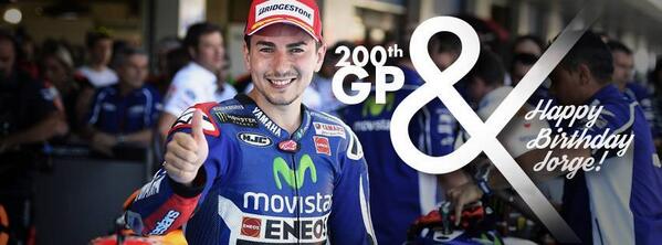 YamahaMotoGP's tweet photo. Congratulations to @Lorenzo99 for your 200th GP and Happy 27th Birthday! #Lorenzo200GP #MovistarYamaha  #MotoGP http://t.co/tvYzwzeTI0