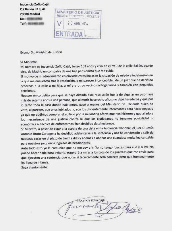 Pablo Iglesias 🔻(R) on Twitter: "Carta al ministro de justicia por parte  de Inocencia Zofio, anciana de 103 años a la que quieren multar y  deshauciar. http://t.co/ffJtzeoik8" / Twitter