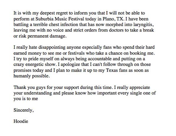 HoodieAllen's tweet photo. Sincerely regret to inform you that I will not be able to perform at Suburbia Music Festival today. Full explanation: http://t.co/oJHpalNCDI