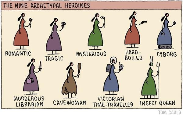 "The Nine Archetypal Heroines" (my cartoon for Saturday's  Guardian Review): 