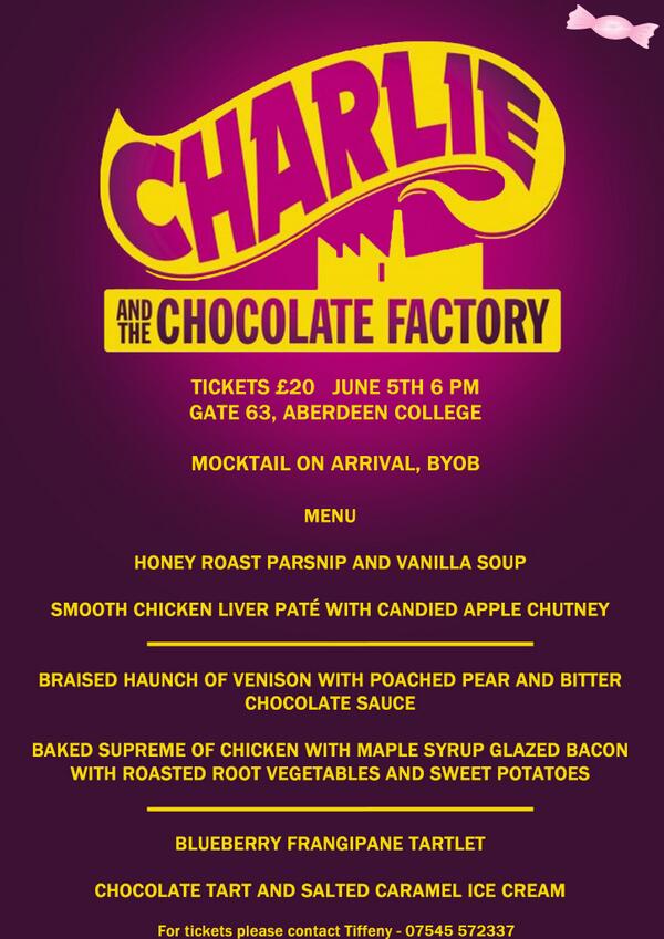 _PureEvents's tweet image. We're hosting a Charlie and The Chocolate Factory themed dinner on the 5th of June! See link: facebook.com/events/6406544…