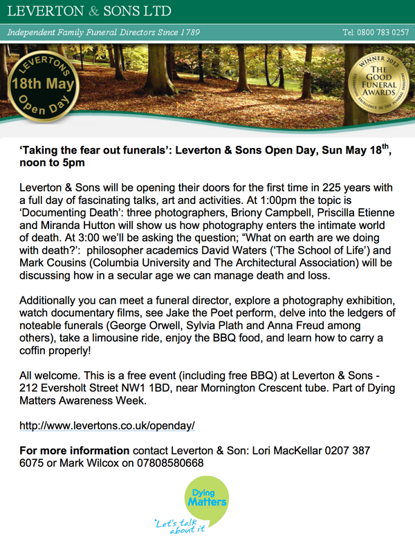 Tomorrow I'll be presenting at <a href="/Levertons/">Leverton & Sons</a> Funeral Directors first open day in 225 yrs ☛ bit.ly/1jQjeDi #YODO