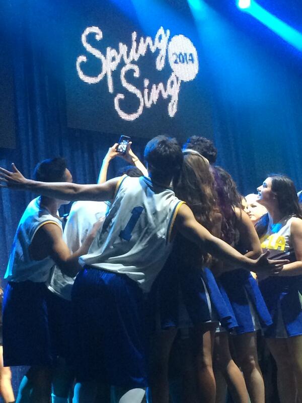 UCLA's tweet image. Selfies on stage as the performers wait to find out who won Spring Sing 2014. #springsing2014