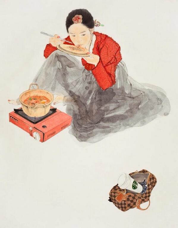 오늘 아침 티비에서 동양화가인 김현정 작가 이야기가 나와서 흥미롭게 봤음. 내숭 시리즈는 이미 유명하다고. (나만 몰랐나)