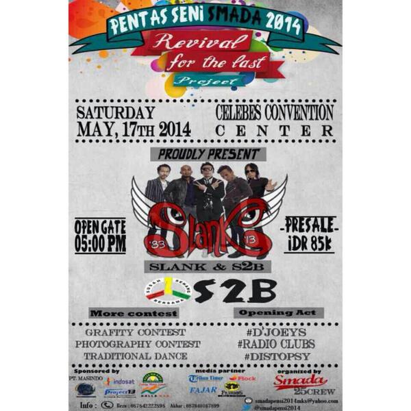 slankdotcom's tweet image. Malam ini!! SLANK bakal perform di Pentas Seni Smada 2014 | Celebes Convention Center - Makassar