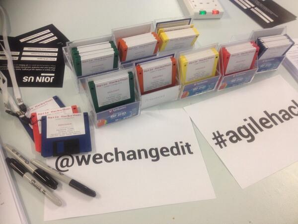 m_lorek's tweet image. The #agilehack crowd arrived @shoreditchworks, and with good old 3.5" floppy disk as badges we're ready to go ...