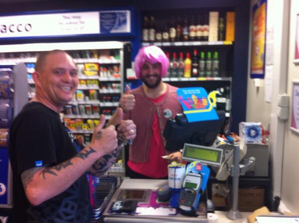 carla13ashton's tweet photo. Ash is a great sport, dressed in pink to promote Race for Life in Irlam Express... Customers love it @philwoodhouse http://t.co/stxue7g7Co