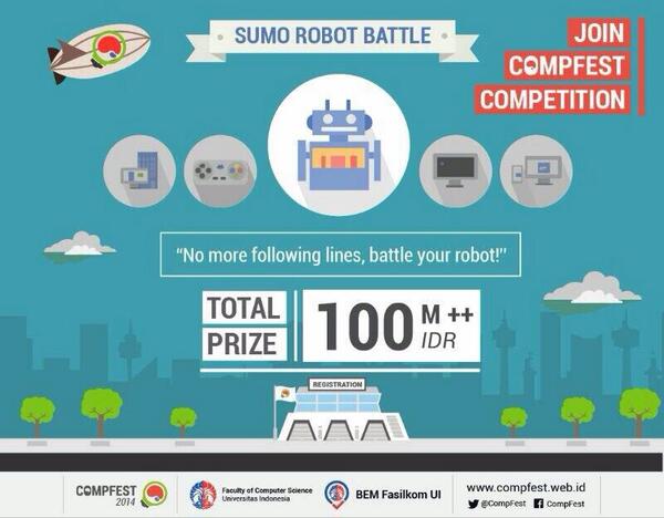 _UdinSomplak's tweet photo. Bosen ikut lmba LineFollower? Pngen ngjtuhin robot org lain? Ayo ikut sumo robot battle http://t.co/VG18e1vIF4 via firza_pratama CompFest