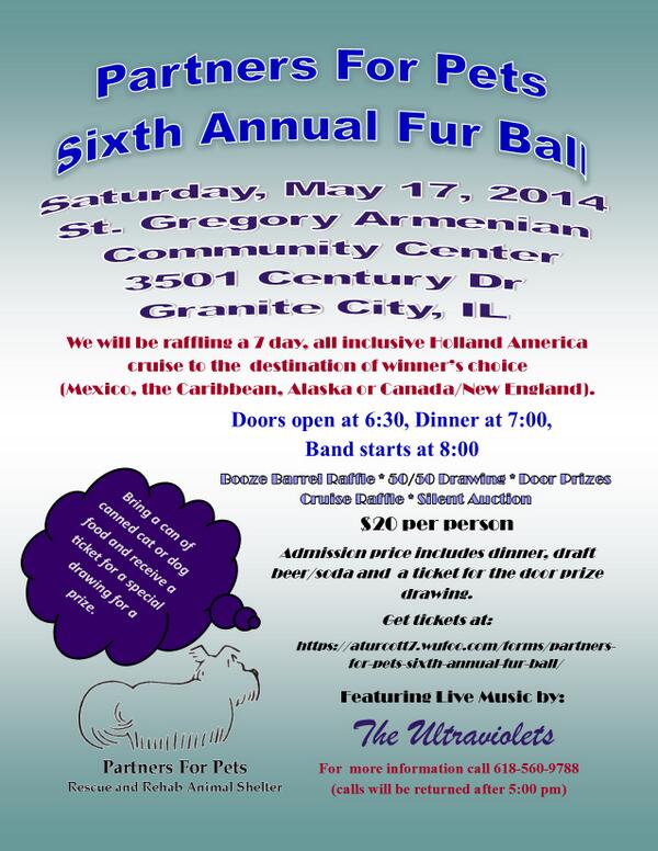 PartnersForPets's tweet photo. @PartnersForPets Sixth Annual Fur Ball TONIGHT at St. Gregory Armenian Hall in Granite City.  Tickets at the door! http://t.co/Jpoc7t0zMS