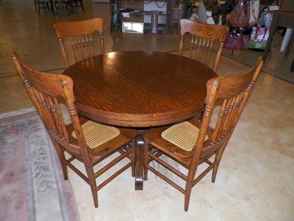 Antique Round Oak Dining Table and 4 Chairs - $399.00  at Now Then and Again 1864 Apperson Dr Salem,Va
