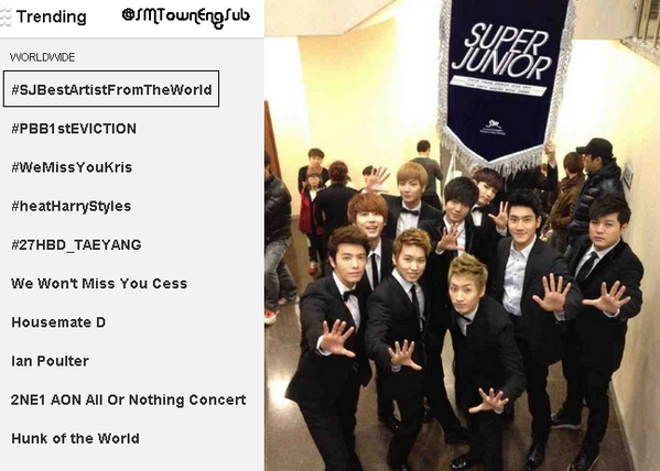 SMTownEngSub's tweet photo. #SJBestArtistFromTheWorld is No.1 Worldwide Trending Topic http://t.co/jnHokiNcQW