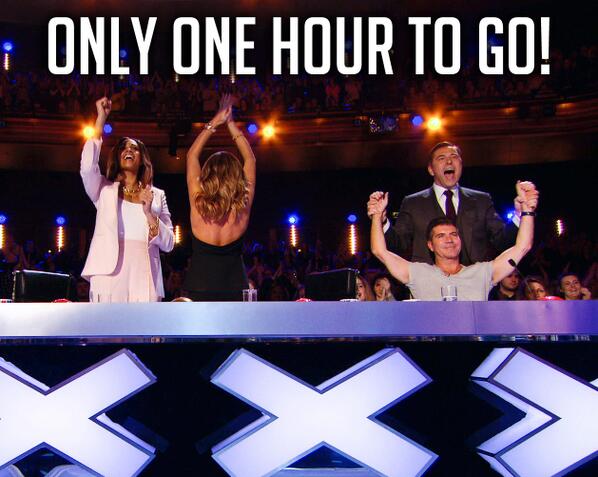 BGT's tweet photo. ONE HOUR TO GO!
RETWEET if you've already reserved your space on the sofa.
#BGT http://t.co/wdL9BCSpPI