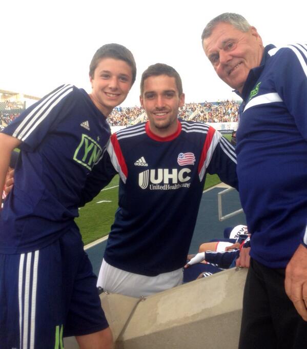 Ethan and Coach John with Steve Neumann Pre-game. #YMSAlumni #rolemodel