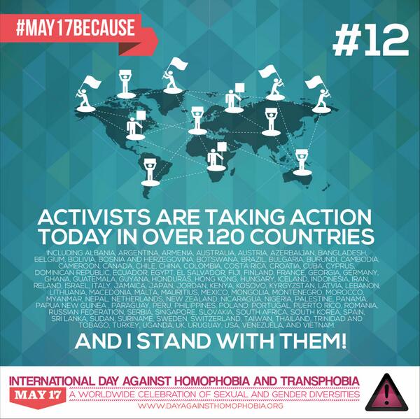may17org's tweet photo. Reason #12 why Int’l Day against Homophobia &amp; Transphobia matters #IDAHOT - see all 17 reasons http://t.co/IW5gQwUufR http://t.co/CriCDZK6rX