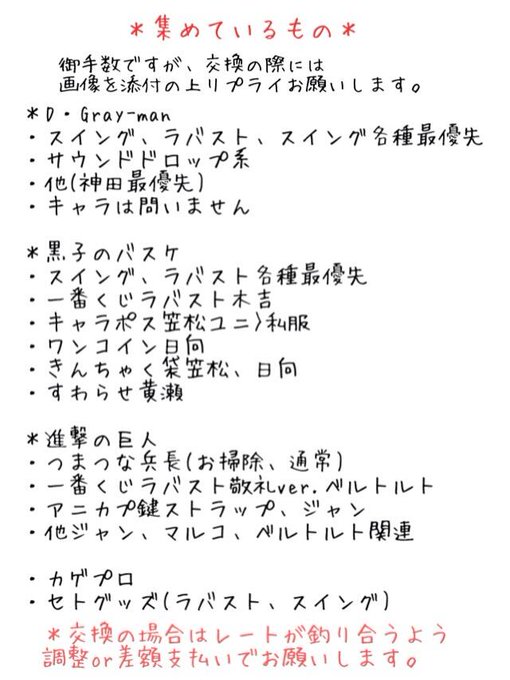 現在求めているもの一覧です。検索から来た方はこちらをご参照ください。D・Gray-man神田アレンラビリナリーノア黒子の