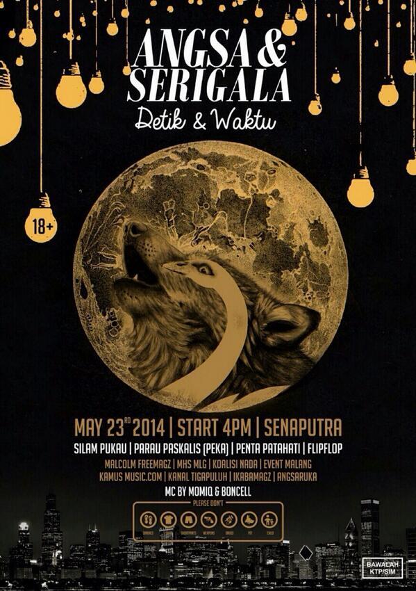 23 Mei 2014 <a href="/angsaserigala/">Angsa & Serigala</a> <a href="/silampukau/">Orkes Silampukau</a> , <a href="/PentaPatahati/">penta patahati</a> , <a href="/ParaouPaskalis/">paraou paskalis</a> dan <a href="/FlipFlopMalang/">FLIP FLOP</a> At Senaputra .