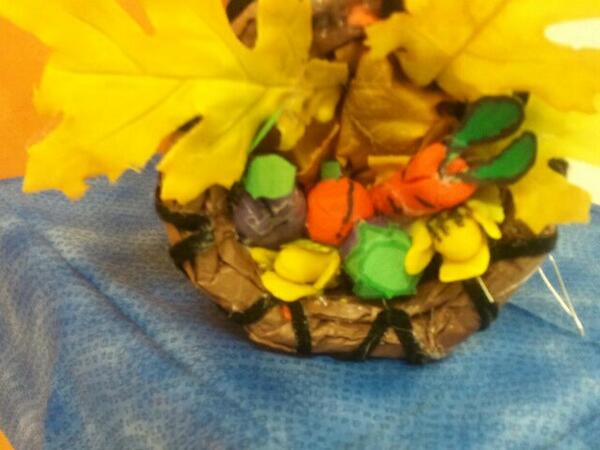ECC4438's tweet photo. Cornucopia up close, I made carrots, grapes, corn, egg plant, all out of play dough, and my hot glue gun. http://t.co/39huPcn4h2
