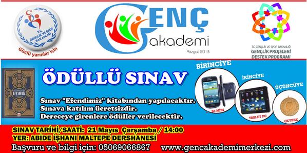 "EFENDİMİZ" Kitabından Ödüllü Sınav 21 Mayıs Çarşamba 14:00 Abide İşhanı Maltepe Dershanesi
gencakademimerkezi.com