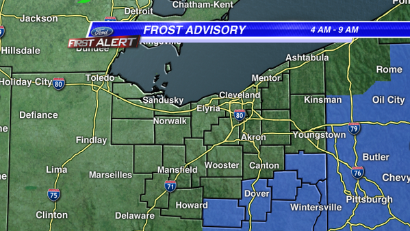 cleveland19news's tweet photo. RT @JennHarcher: FROST ADVISORY Coshocton, Tuscarawas, Carroll, Columbiana early Mon. Mid 30s/clear sky. #PatchyFrost http://t.co/bO7OMvxbOV