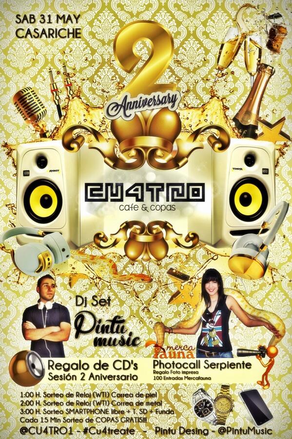 PintuMusic's tweet photo. Sabado 31 - 2º ANIVERSARIO  @CU4TRO1 (Casariche-Sevilla) - Photocall Serpiente - Sorteos - Set Musical #PintuMusic http://t.co/LHss97EnNc