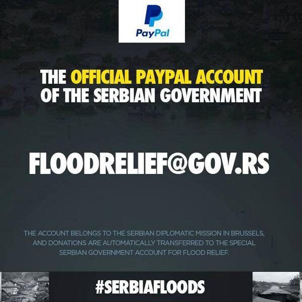 nislija's tweet photo. RT ! Zvanicni #paypal Vlade Republike Srbije. #SerbiaFloods http://t.co/5qL4xwxVx9