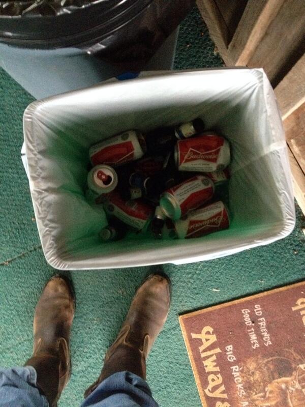 boss_walt's tweet photo. A trash can full of empty Bud heavy cans can only mean one thing... Tidwell was here... #silverfox #jabo http://t.co/8SUm9o4Btl