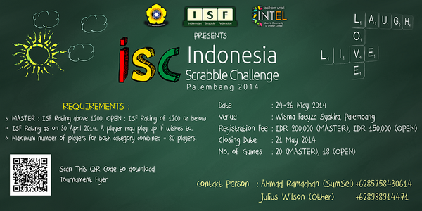 INDONESIA SCRABBLE CHALLENGE PALEMBANG 2014 | 24-26 May l LAST REG 21 May @BEM_KMUnsri <a href="/PalembangTweet/">𝙩𝙭𝙩𝙙𝙖𝙧𝙞𝙋𝙖𝙡𝙚𝙢𝙗𝙖𝙣𝙜</a> <a href="/PalembangOnly/">PalembangOnly ▲</a>