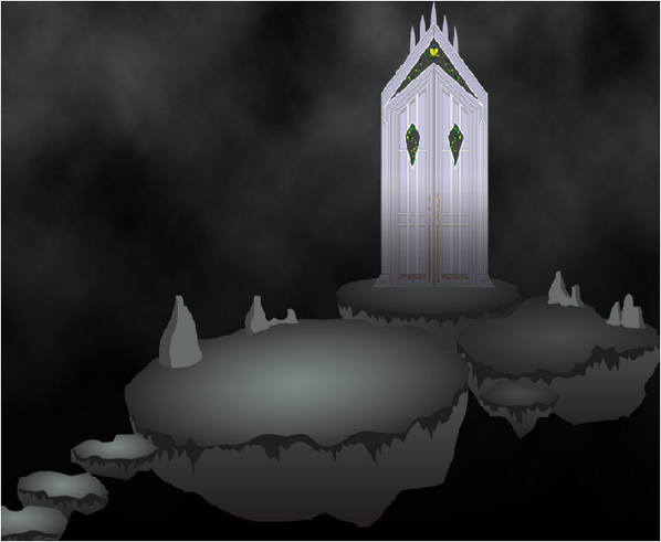 *finds himself upon a great door on a scattered island among the darkness looks up at the door*
