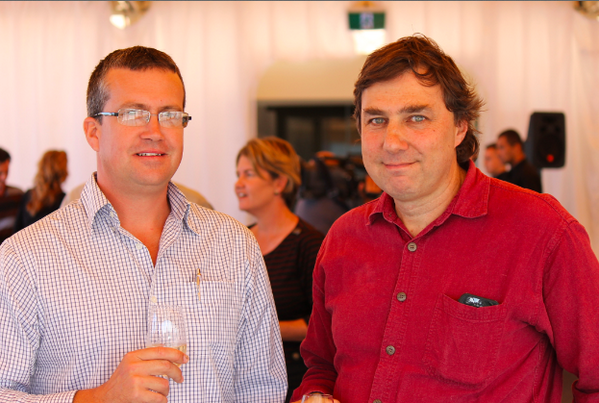 AusMacadamias's tweet photo. Bundaberg macadamia growers Scott Allcott and Peter Zadro, celebrating 40 years of #ausmacadamias http://t.co/SRJDQYX0a6