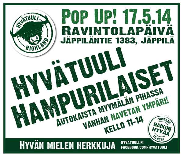 HyvatuuliJappi's tweet photo. #Ravintolapäivä 17.5.2014!
Hyvätuuli Highlandin pihaan perustetaan PopUp-autokaista hampurilaismyyntiin klo 11-14. http://t.co/82BttKi9Qd