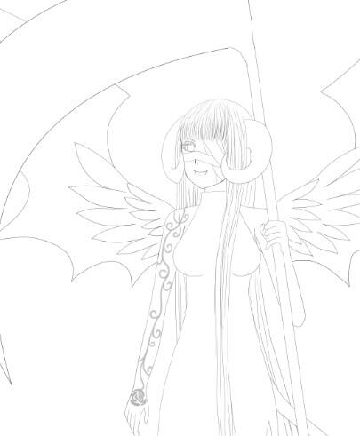 ヤミ 大鎌 蝙蝠羽 堕天使羽 月を見つめる 包帯 羊角 黒髪ロング 女の子 丈の長いドレス 吸血鬼 しっぽ タトゥー 淑女なサキュバス 線画描けたぁ 薄い線にしてみた あとは色塗り か フォロワーさんにイメージをもらって悪魔を描く