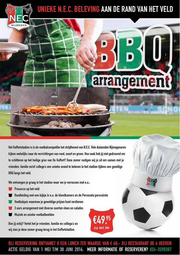 BBQ (3uurs arrangement) a/d rand van het veld? Incl. Rondleiding, quiz, muziek etc. @osrn <a href="/NEC_Horeca/">N.E.C. Horeca</a> <a href="/NEC_Nijmegen/">N.E.C. Nijmegen</a>