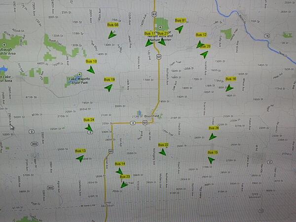 All buses have GPS. This is a picture of our live real time map on a 47 inch TV. How cool!