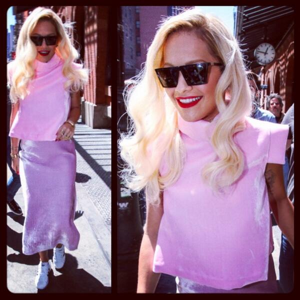CMMedia's tweet photo. Pretty in pink! @RitaOra steps out in NYC in an @ELLERY_LAND top and pencil skirt. Styled by @Jason_Rembert #fashion http://t.co/9X8WdgFtWj
