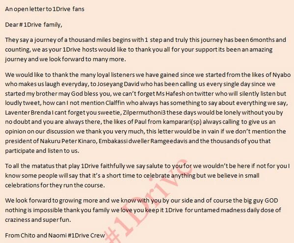 NRGRadioKenya's tweet photo. A letter to #Team1Drive from @ThisisCHITO_ @neominganga #1Drive as we celebrate 6months ----> http://t.co/eKbybNvZFd