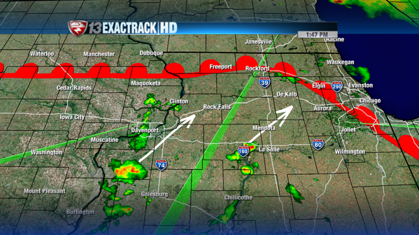 ERICSORENSEN's tweet photo. Few storms popping in the warm sector. While it's 70° in Rockford, it's 85° in Bloomington right now! #exactrack http://t.co/MtgZHpAgnm