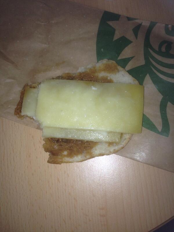 CarolineBarnsey's tweet photo. @StarbucksUK got 2 cheese marmite paninis to go and this is what I got- stale tepid bread and sweaty cheese. Rank http://t.co/YhxTG84Ew1