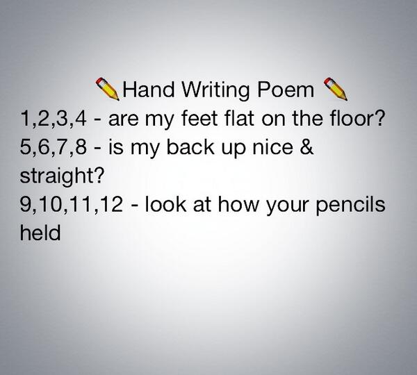 srgsaid's tweet photo. Great poem to help students remember how to prepare themselves for hand writing #ACU_edu452 #acuedu_452 http://t.co/QxNPdQ16Mv