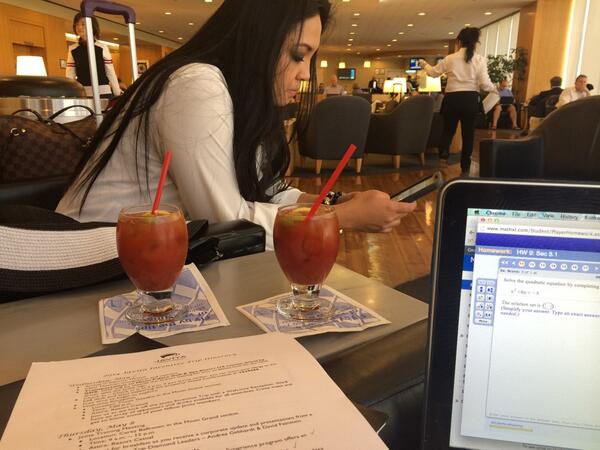 Masemeksam's tweet image. Some Bloody Mary's &amp;amp; homework while waiting for our flight. #firstclassclub