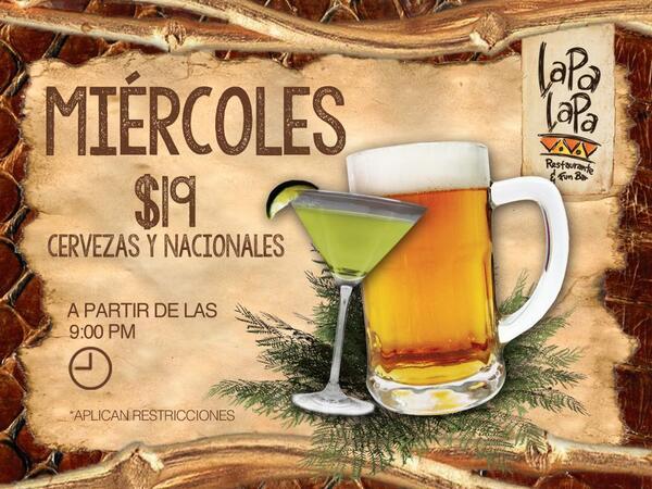 FOODBOOKMX's tweet photo. ¡Miércoles de cervezas y nacionales a $19 en @LapaLapa_mid! A partir de las 9:00 pm. http://t.co/o7POgyBmEz