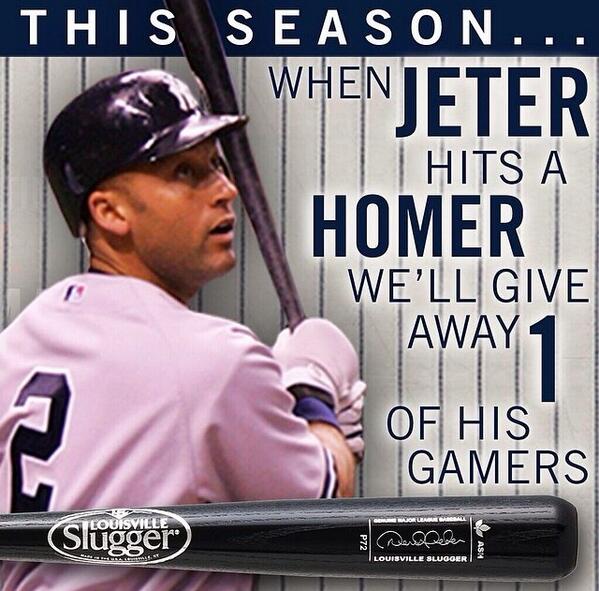 sluggernation's tweet photo. Guess what happened tonight? Yep, Jeter homered...which means FOLLOWERS TO RT are eligible to win one of his gamers. http://t.co/aeVXW8OmDS