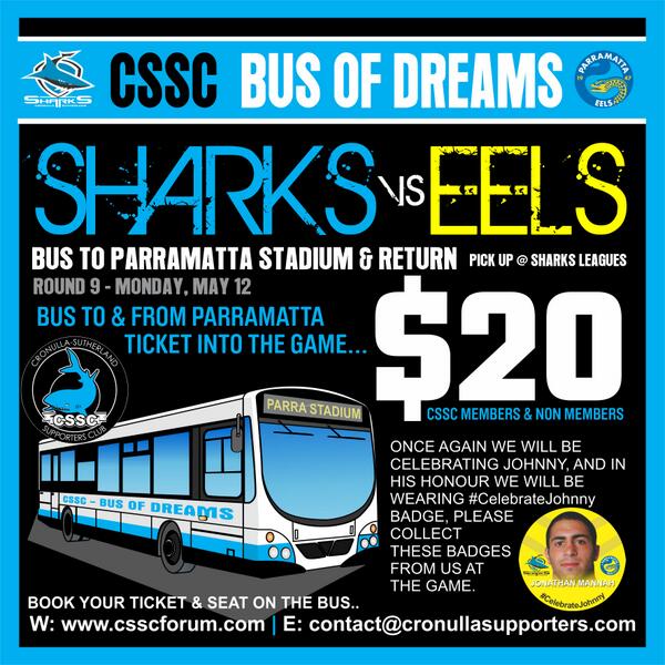 csharksnet's tweet photo. @Cronulla_Sharks Fans, $20 Ticket + Bus Trip to Parra &amp; Return, BOOK NOW, Email- contact@cronullasupporters.com http://t.co/as8yjpeN57