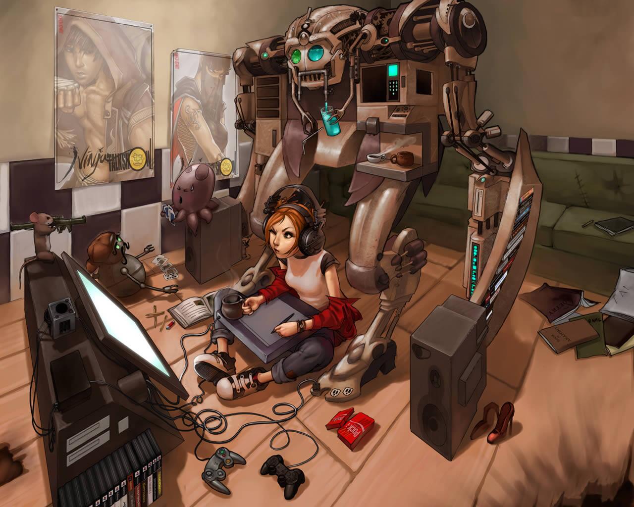 Twitter 上的 無人機bot 女の子のゲーマー Devushka Gejmer ロシアのサイトで公開されていた女の子ゲーマーのイラスト 女の子の側にはロボットやゲーム機のコントローラなどが散らばっている ペンタブで絵を描いてるように思える Http T Co Ayvetth6y7 Twitter