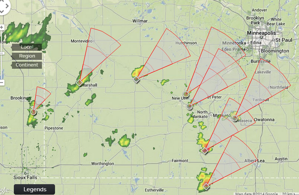 MPRweather's tweet photo. Mostly garden variety cells in southern MN now with some hail. No watches or warnings...yet. http://t.co/www1y1vInT