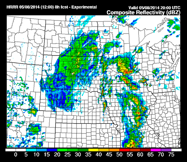 MPRweather's tweet photo. NOAA's High Resolution Rapid Refresh "Future Radar" paints next wave of strong storms near metro by around 3 pm. http://t.co/deHurSKfxj