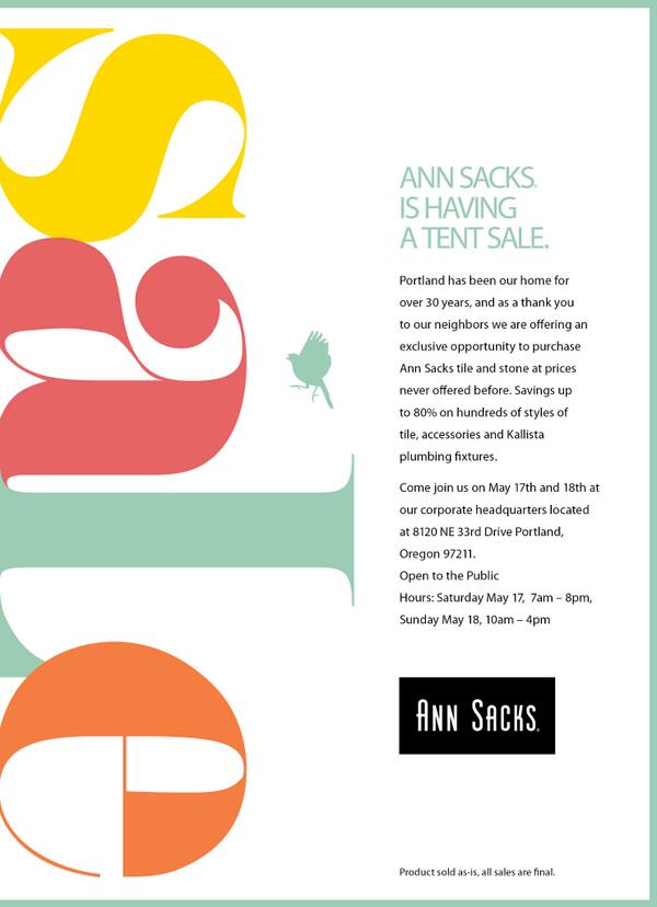 We are having a tent sale! Up to 80% off select tile, stone and plumbing. May 17-18 at our Portland, OR headquarters!