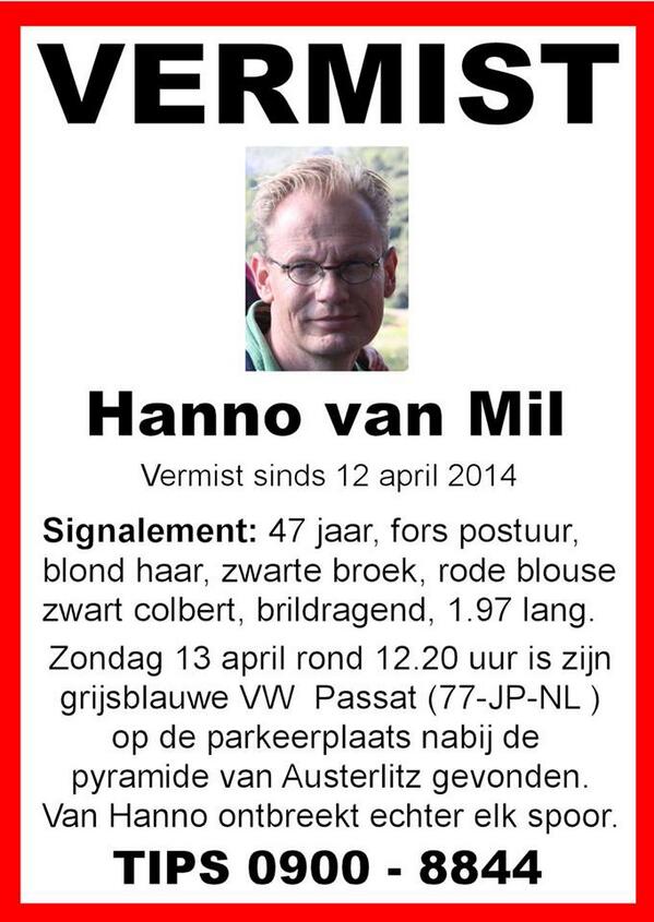 zoekactiehanno's tweet photo. Denkt u nog: Waar gaat #Hanno over? Hanno is onze vriend. Een vader van 3 kinderen en wordt al bijna 4 weken vermist http://t.co/spwORGJx9i