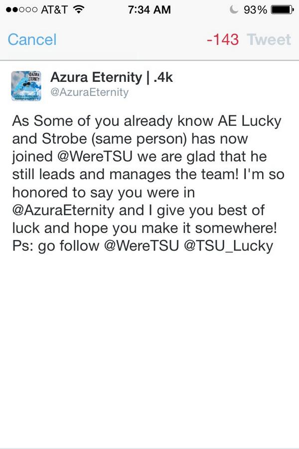 AzuraEternity's tweet image. Follow @WereTSU @TSU_Lucky congrats on making the team bro!